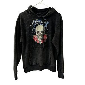 POISON 80's Band Logo Rocker Grey Skull Soft Fleece Lined Pullover Hoodie Size S